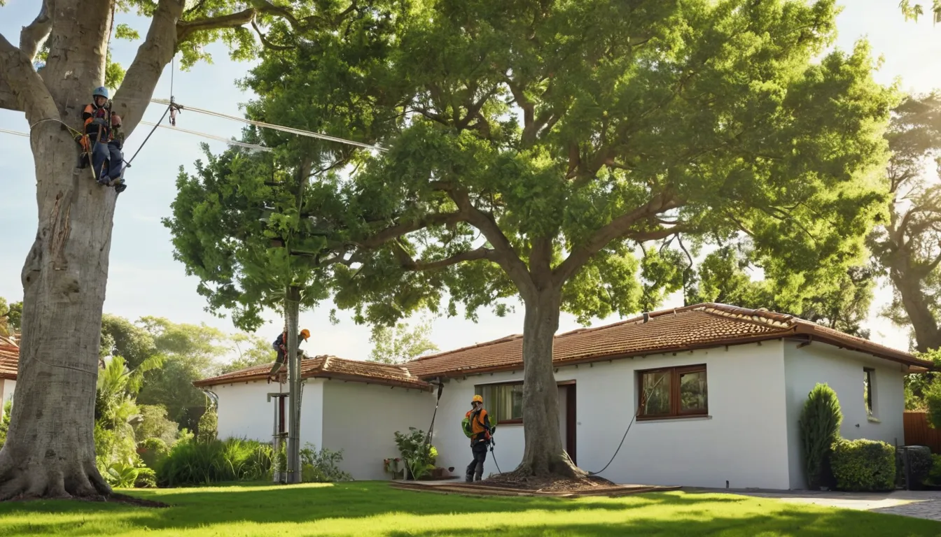 Provider crew safely removing a large tree beside a single-story home in Tampa